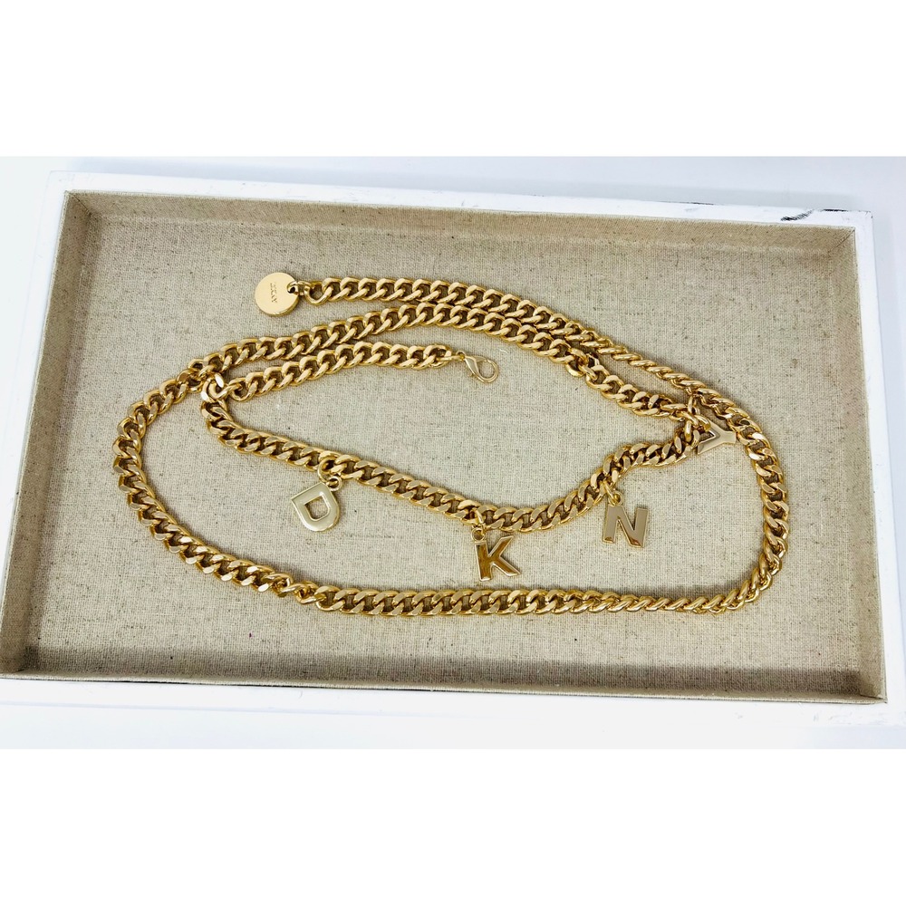 DKNY Gold Tone Curb Chain Belt with Logo Letter Charms Adjustable 48 Inch
